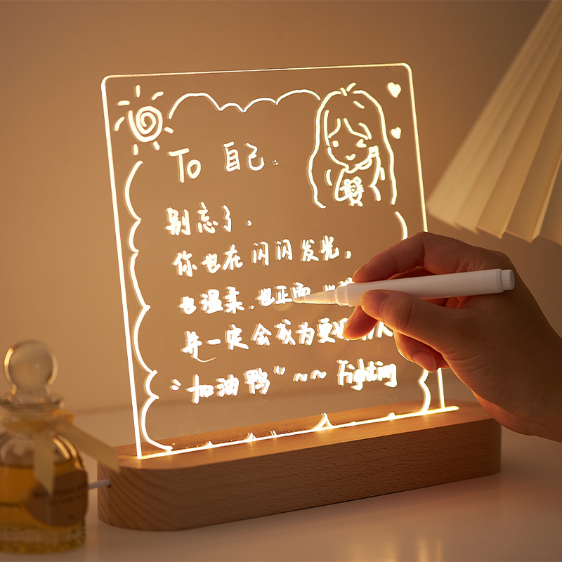 Acrylic Dry Erase Board with Wooden Stand Clear Desktop Note Memo White Board Colorful LED Light up Message Board