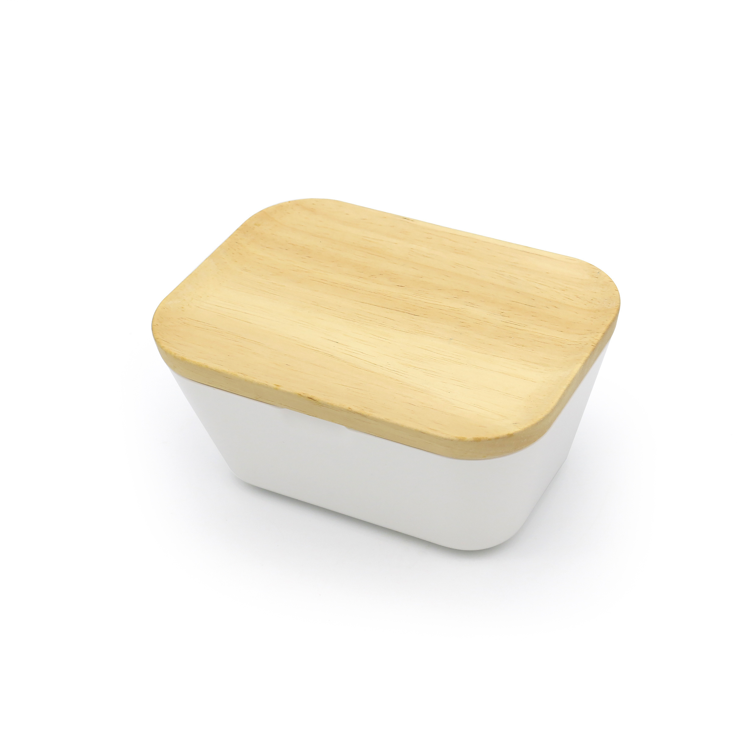 Melamine Butter Container   with Rubber  Wood Lid - Modern Design White Ceramic Cup for Serving Tea, Coffee