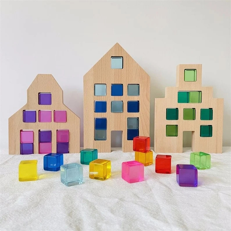 Stunning Acrylic  Transparent Rainbow Color Gem Cubes wooden Blocks Educational Sensory Light Learning Toys Montessori sensory