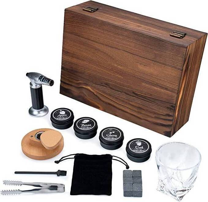 premium cocktail smoker kit with wooden storage box -cork coaster with 4 flavors and high quality Torch for Men's Gift