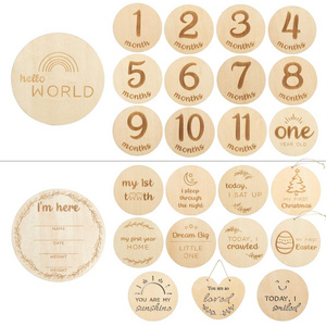 Wood Customize Baby Monthly Milestone Card Wooden Double Sided Laser Engrave Discs Craft Cards with Drawstring Bag