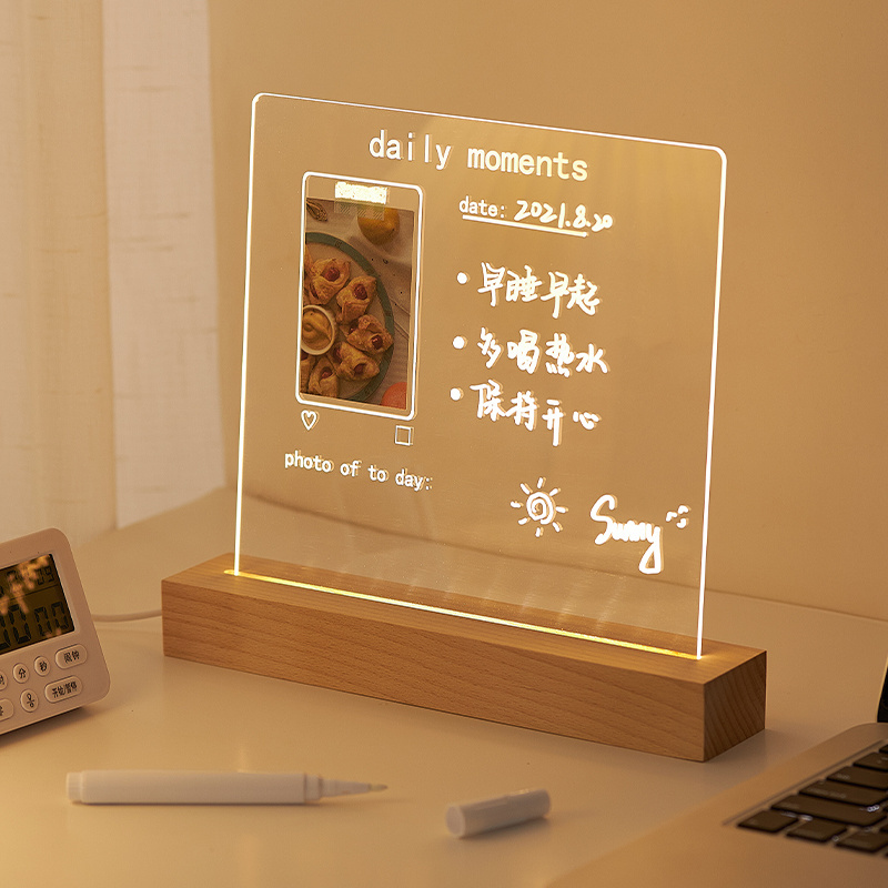 Acrylic Dry Erase Board with Wooden Stand Clear Desktop Note Memo White Board Colorful LED Light up Message Board