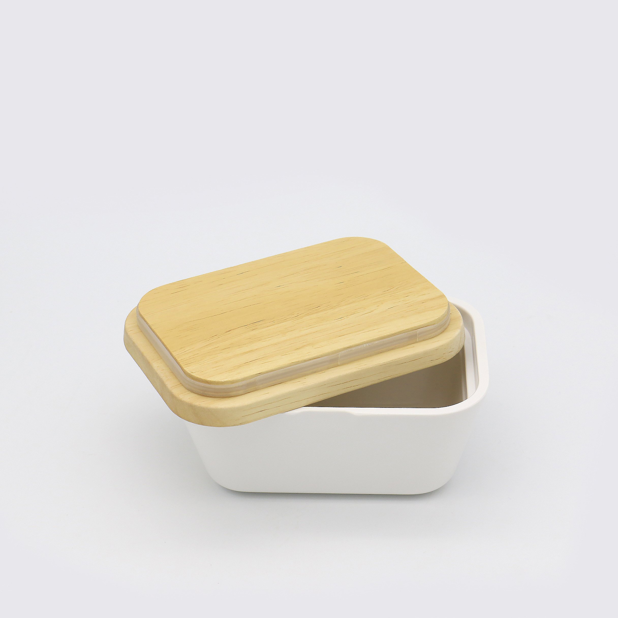 Melamine Butter Container   with Rubber  Wood Lid - Modern Design White Ceramic Cup for Serving Tea, Coffee