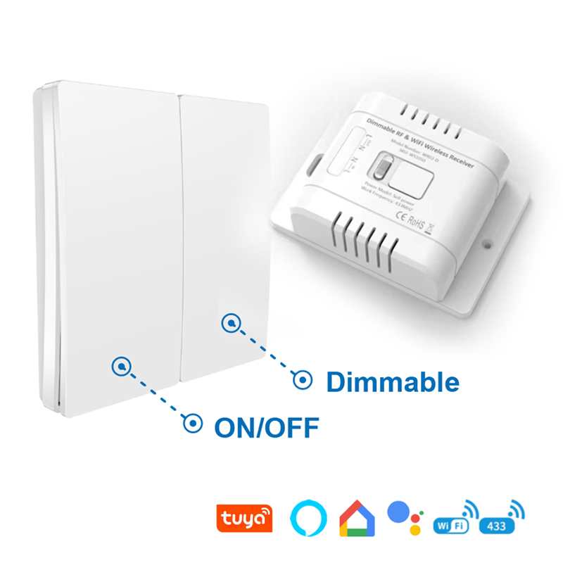 2 Gang Wireless Kinetic Switch + Dimmable & WiFi Receiver Bundle Kit Wireless Gang Switch, Battery-Free Wireless Kinetic Switch