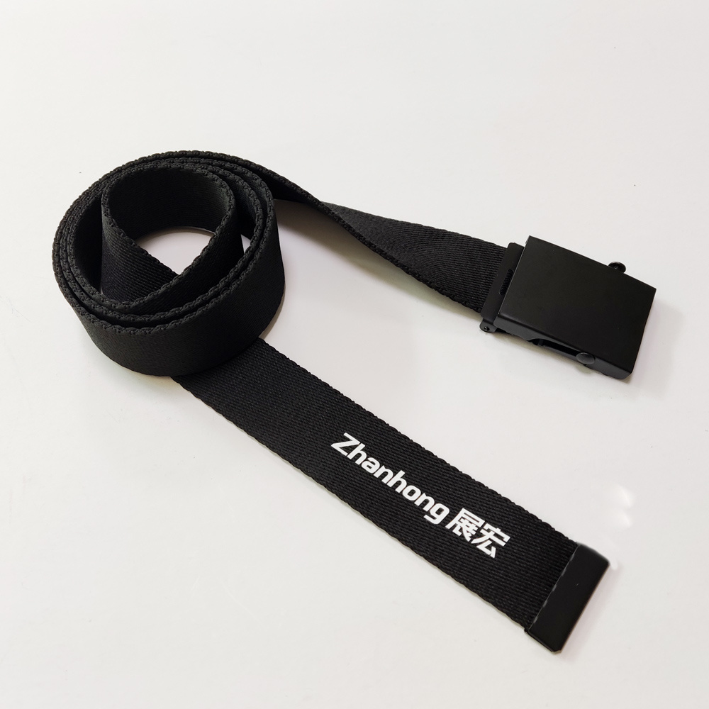 Wholesale cheapest Black cotton polyester imprinted design logo fashion canvas webbing fabric belt with black metal belt buckle