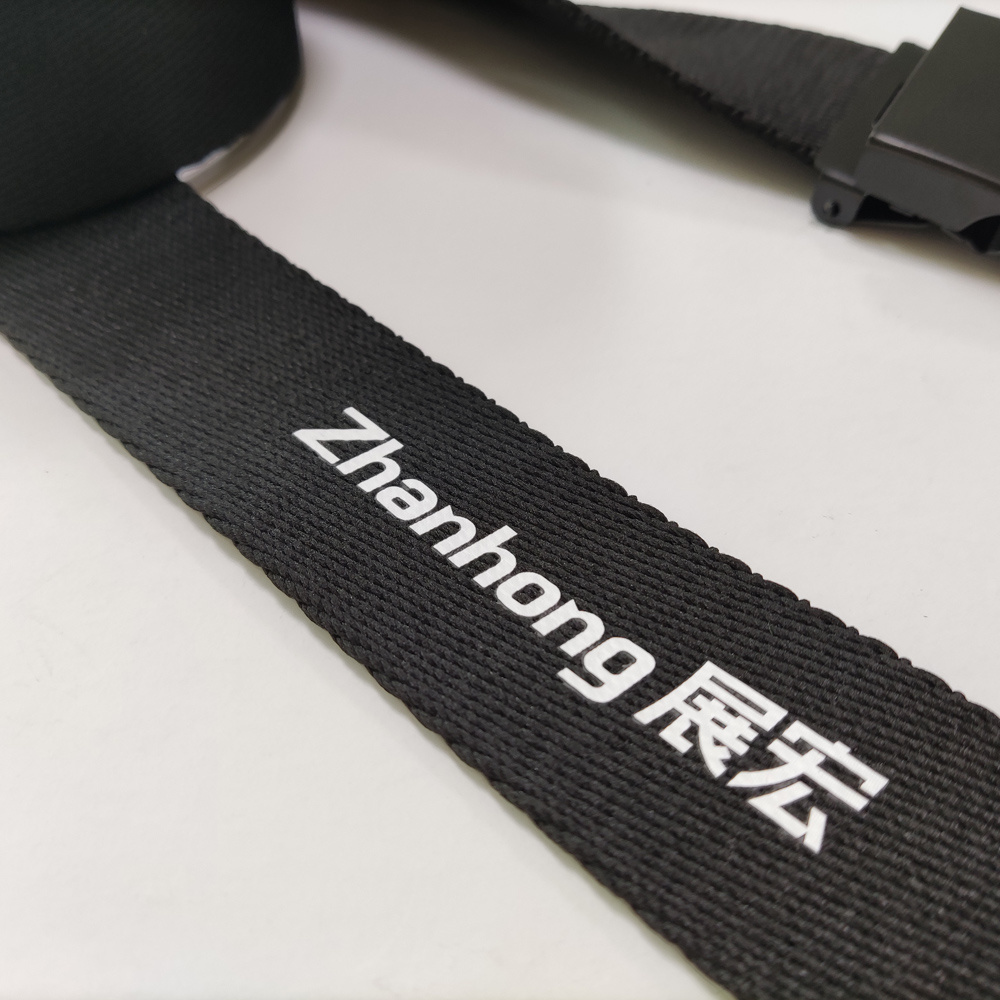 Wholesale cheapest Black cotton polyester imprinted design logo fashion canvas webbing fabric belt with black metal belt buckle