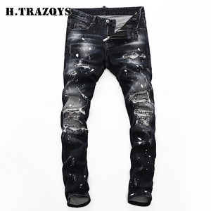 Men's fashion straight elastic custom brand slim fit denim zipper black holes european style men rhinestone jeans