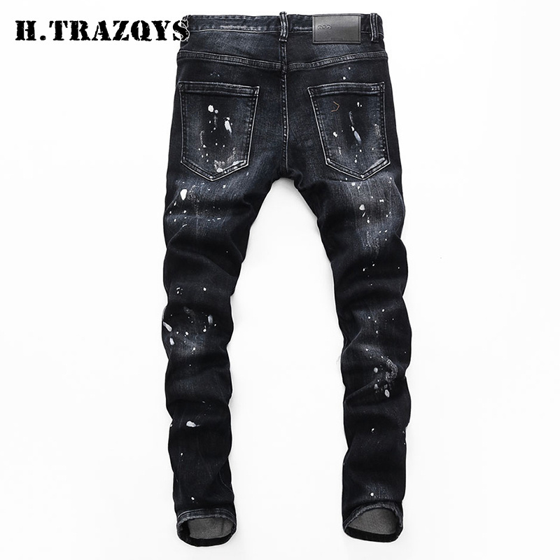 Men's fashion straight elastic custom brand slim fit denim zipper black holes european style men rhinestone jeans