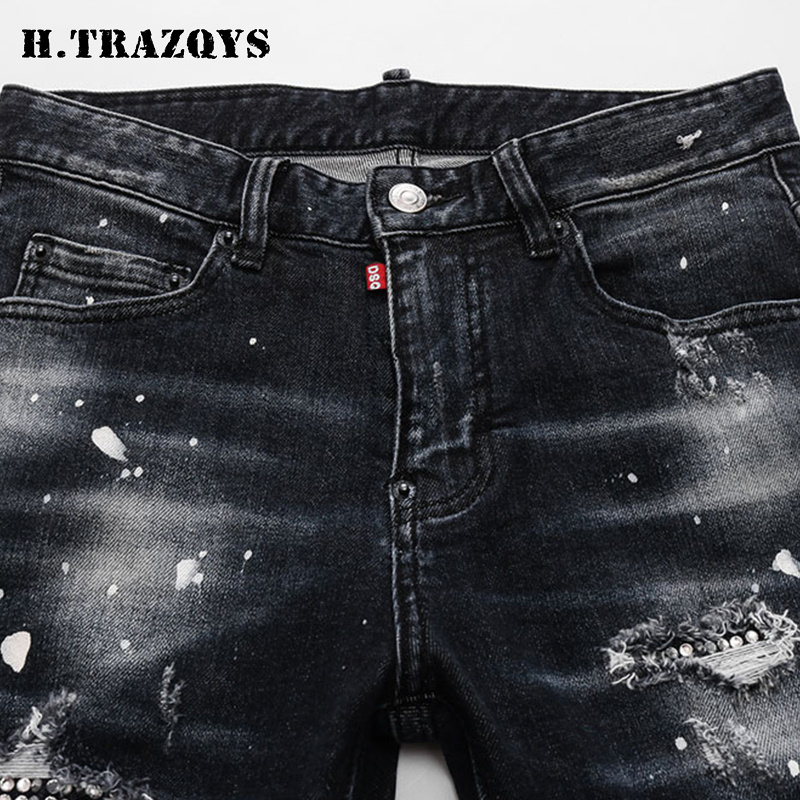 Men's fashion straight elastic custom brand slim fit denim zipper black holes european style men rhinestone jeans