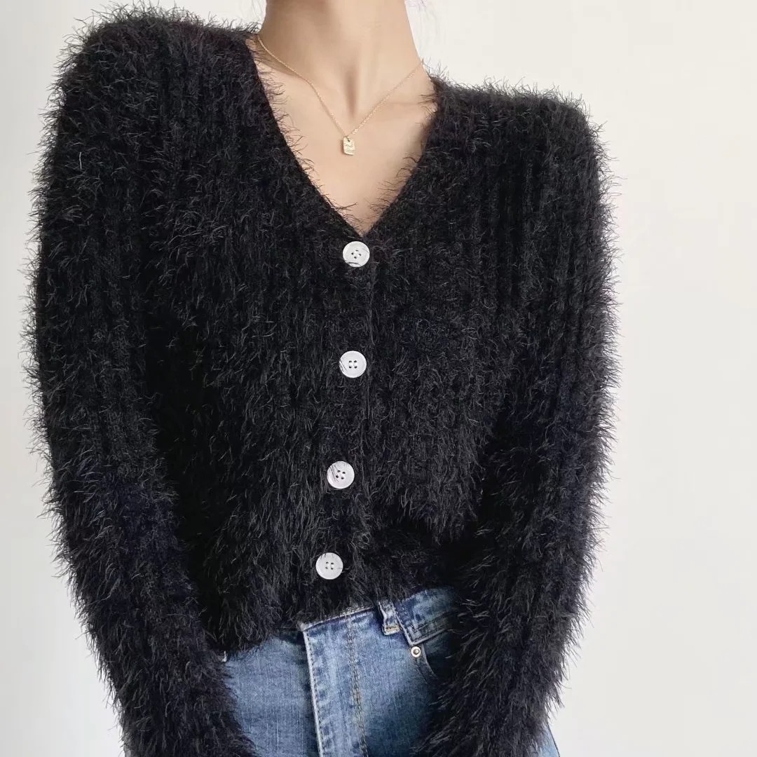 ZHUNA Mohair Sweater Knitted For Women knit v neck fuzzy cardigan 100 mohair sweater custom