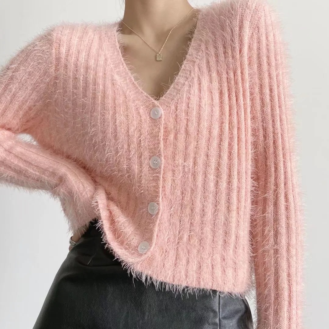 ZHUNA Mohair Sweater Knitted For Women knit v neck fuzzy cardigan 100 mohair sweater custom