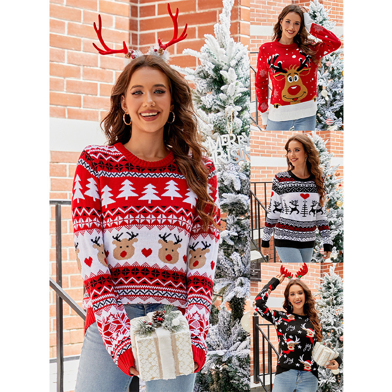 Manufacturer Custom Ugly Christmas Sweater Deer Jacquard Pullover Xmas Sweater Unisex Jacquard Family Christmas Sweater