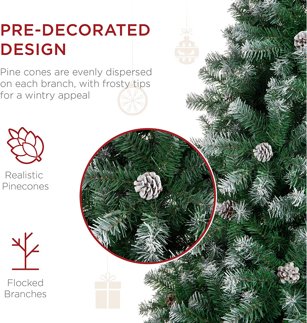 6 ft Pre-Decorated Holiday Christmas Tree  with 1000 PVC Branch trips,Partially Flocked Design