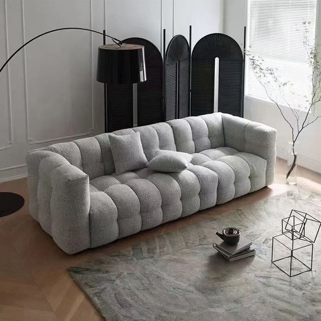 Creamy wind lamb wool fabric sofa Italian minimalist living room three marshmallow straight row sofa