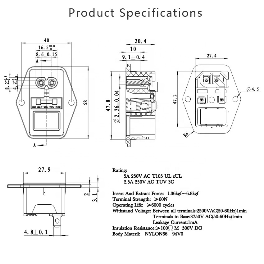 IEC 320 C14 3 Pin inlet connector plug power socket with 10A fuse holder socket male connector have screw