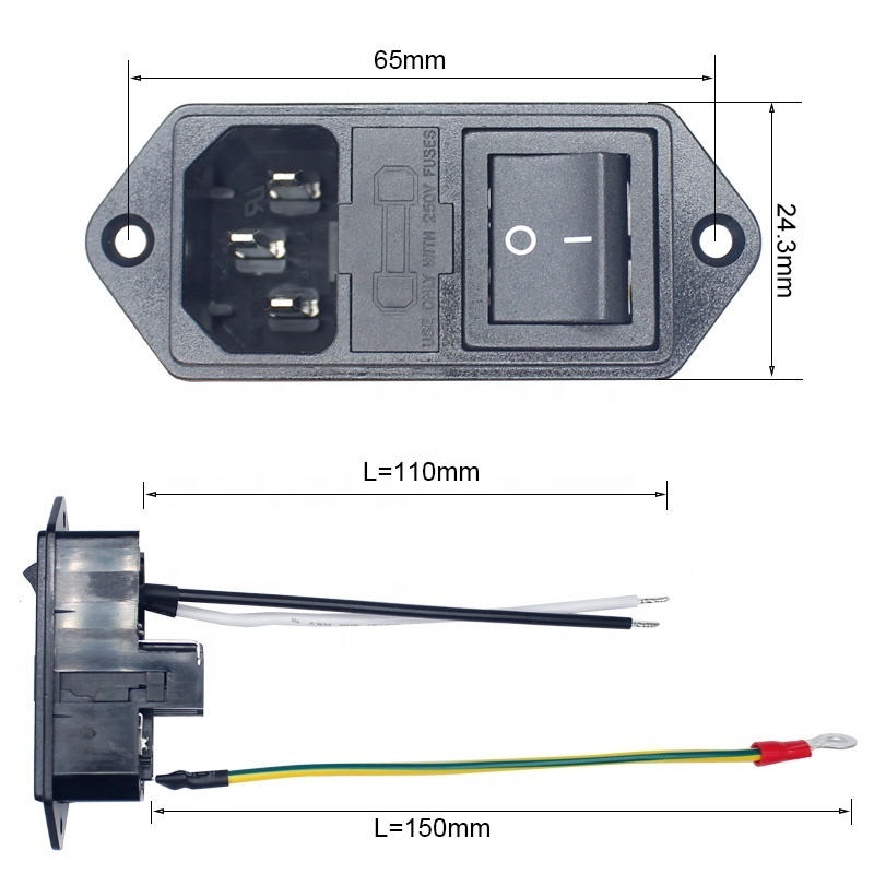 10A 250V Ac Inlet With 4pin Rocker Switch Red Light C13 C14 Ac Power Socket With Double Fuse Holder