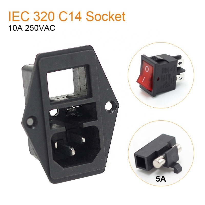 IEC 320 C14 3 Pin inlet connector plug power socket with 10A fuse holder socket male connector have screw