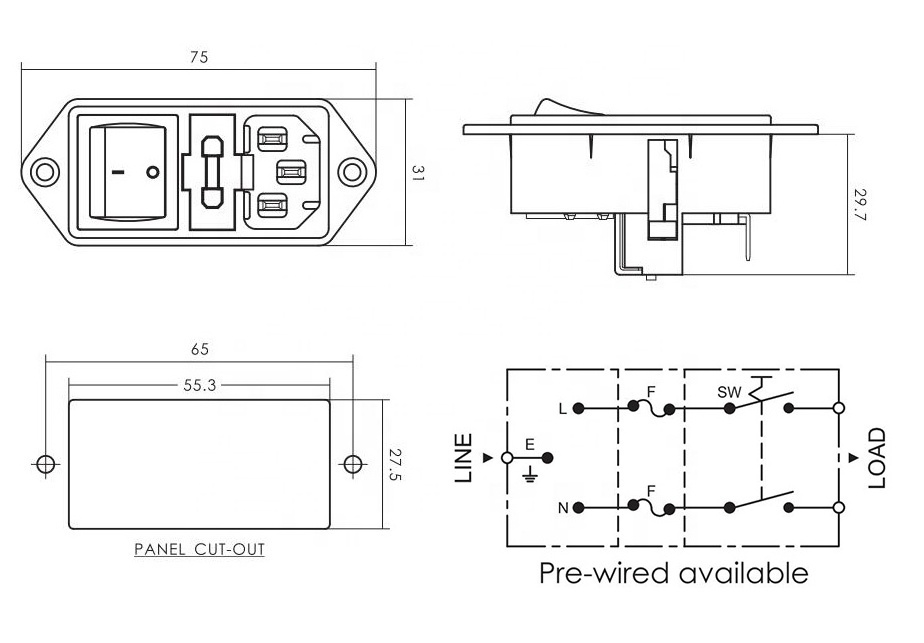 10A 250V Ac Inlet With 4pin Rocker Switch Red Light C13 C14 Ac Power Socket With Double Fuse Holder