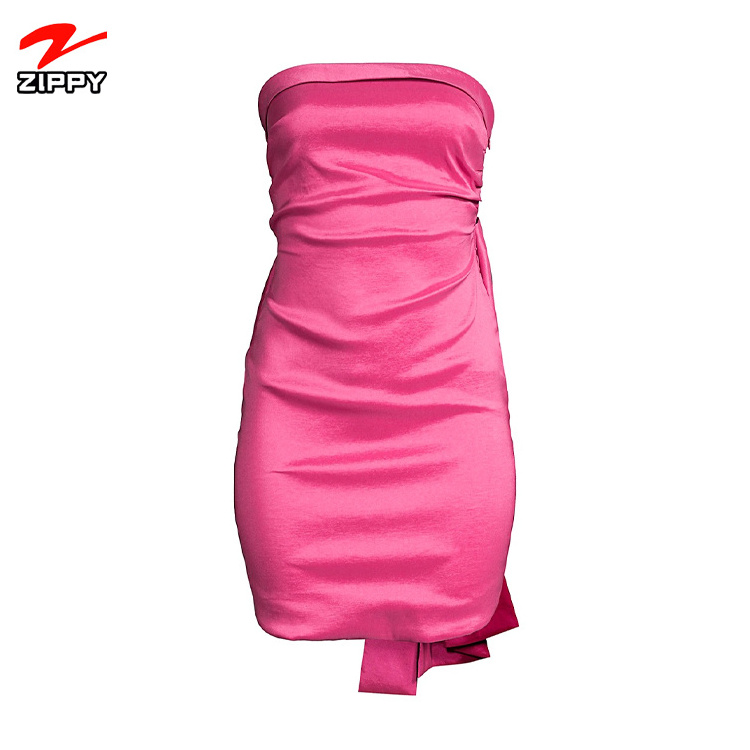 Design Bow Pink Silk Satin Modest Dresses Women Bodycon Ruffle  Mini Dress Formal 2023