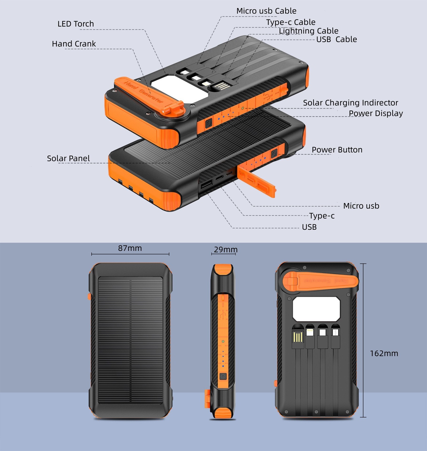 New Product 2023 22.5W Hand Crank Solar Power Bank  20000mah 30000mah with Built-in cables and LED torch