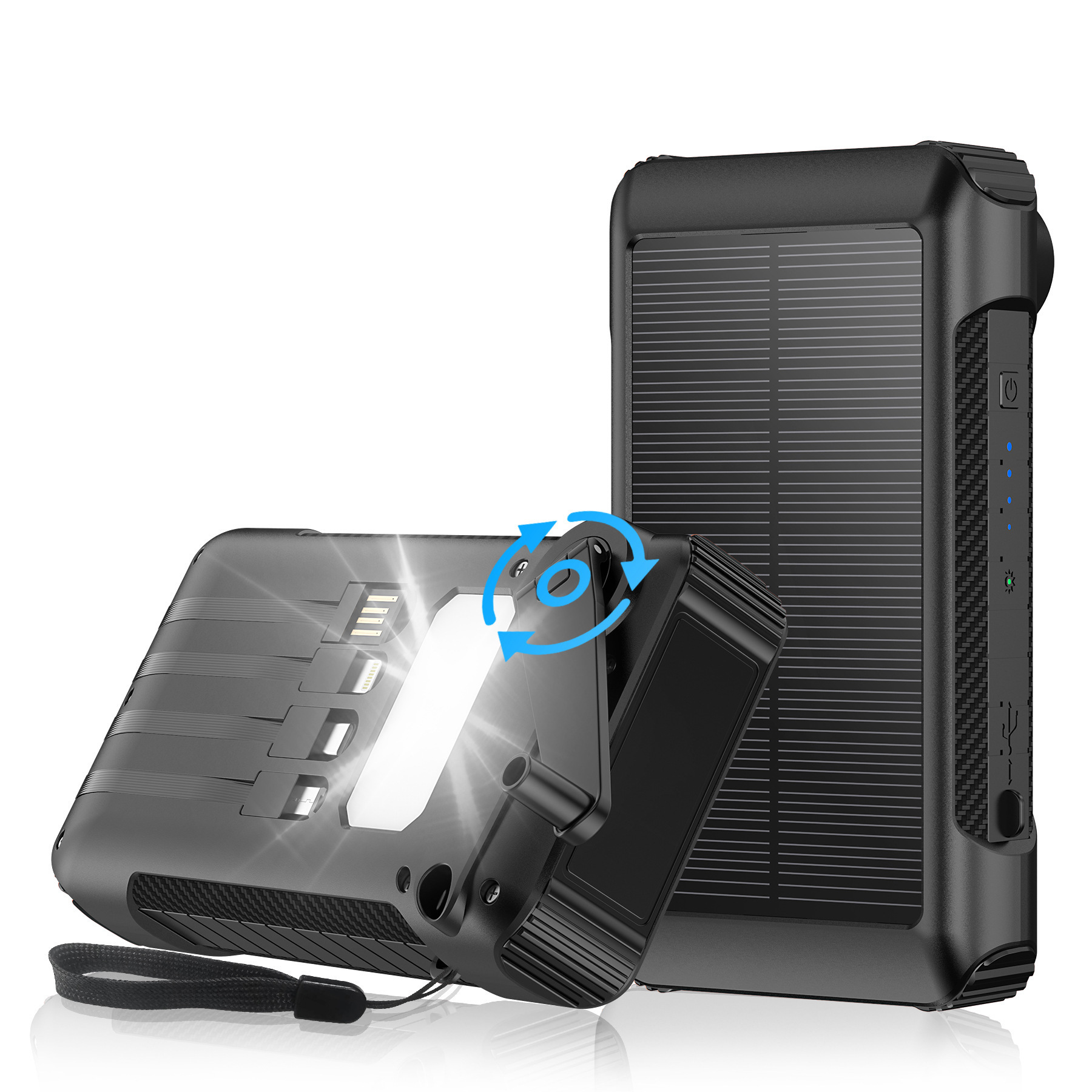 New Product 2023 22.5W Hand Crank Solar Power Bank  20000mah 30000mah with Built-in cables and LED torch