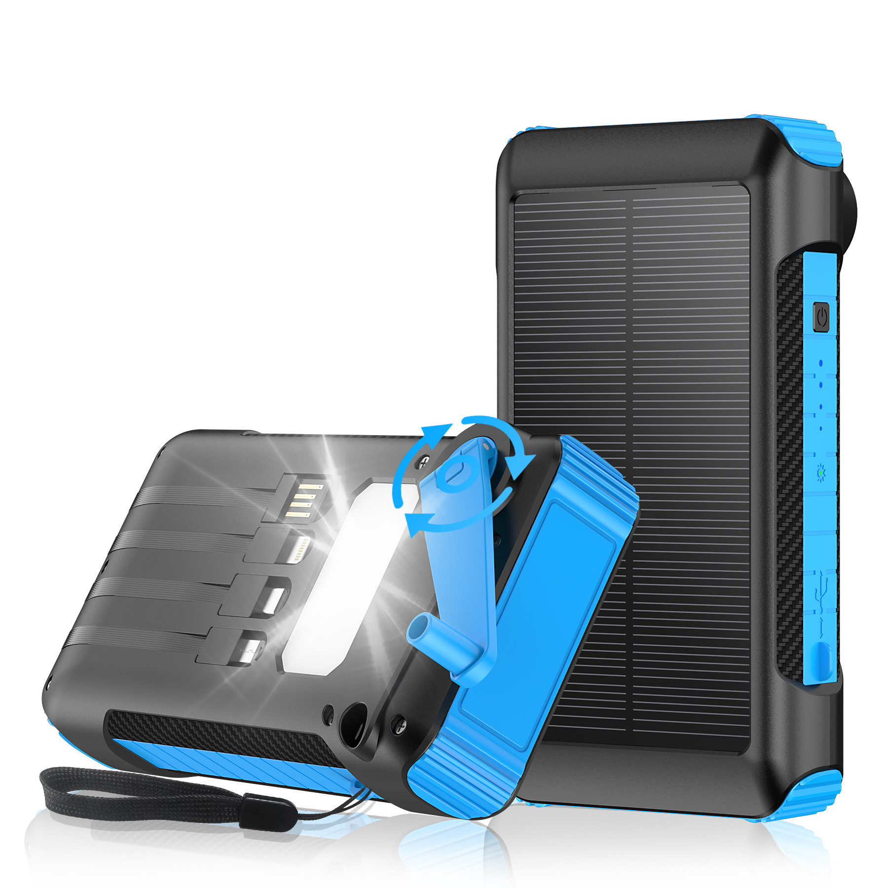 New Product 2023 22.5W Hand Crank Solar Power Bank  20000mah 30000mah with Built-in cables and LED torch