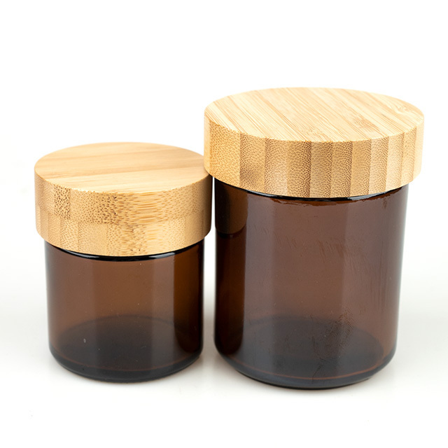 Home Decor Glass Storage Containers Empty Recycled Straight Sided Amber Glass Candle Jars With Wooden Caps