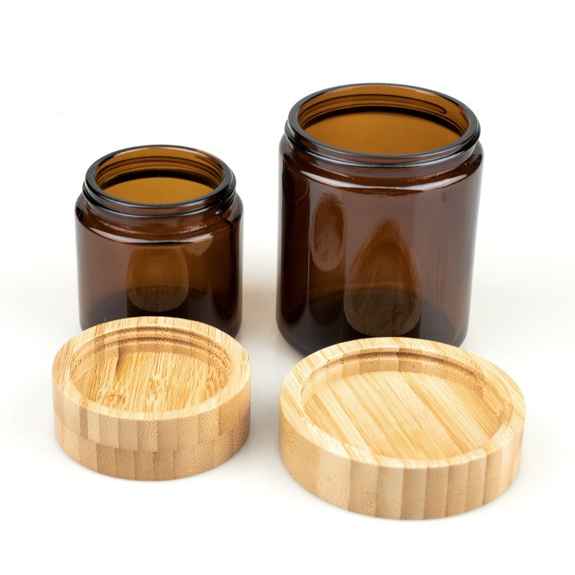 Home Decor Glass Storage Containers Empty Recycled Straight Sided Amber Glass Candle Jars With Wooden Caps