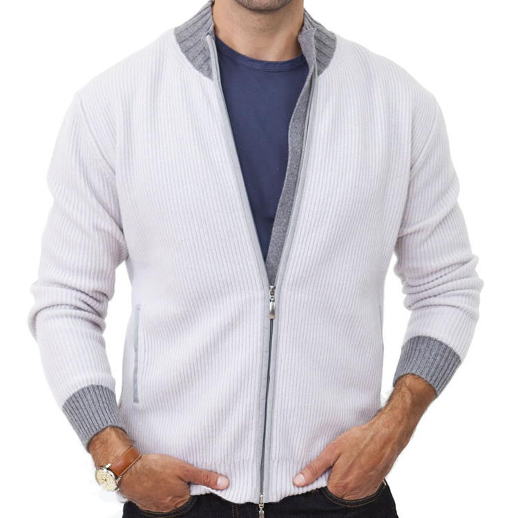 Men Crew Neck Cashmere Jacket Elbow Patch Cardigan Zipper Sweater Clothing