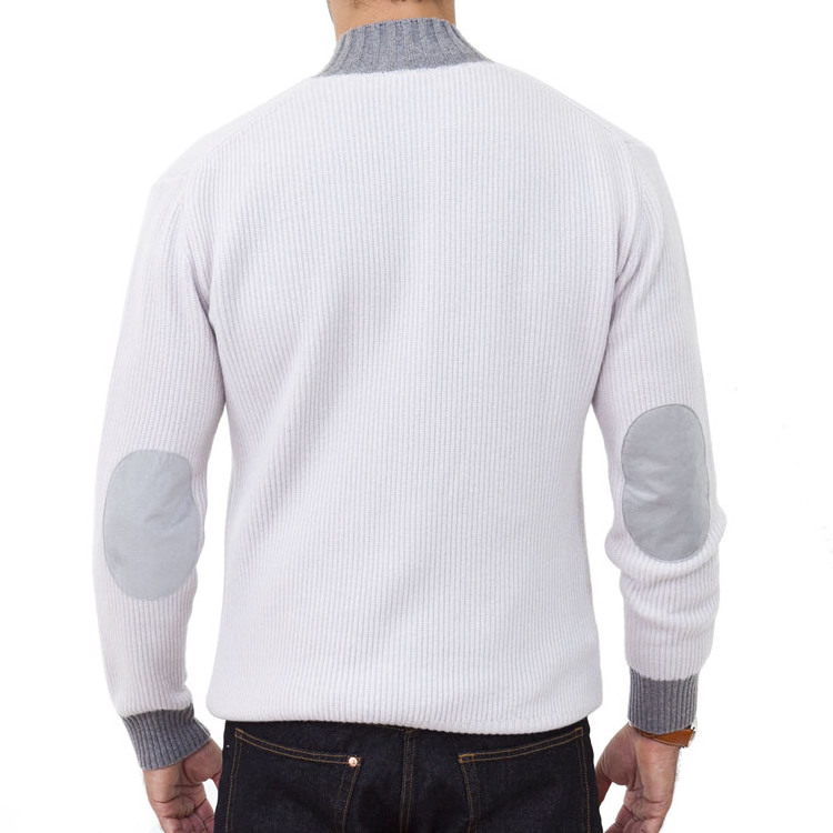 Men Crew Neck Cashmere Jacket Elbow Patch Cardigan Zipper Sweater Clothing