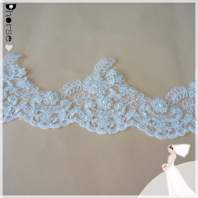 Hand beaded lace fabric/White bridal lace trim wholesale 14cm wide/latest hand embroidery designs-DHBL1696