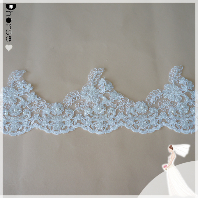 Hand beaded lace fabric/White bridal lace trim wholesale 14cm wide/latest hand embroidery designs-DHBL1696