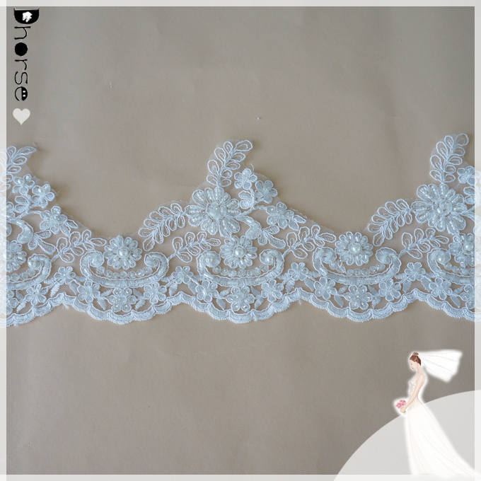 Hand beaded lace fabric/White bridal lace trim wholesale 14cm wide/latest hand embroidery designs-DHBL1696