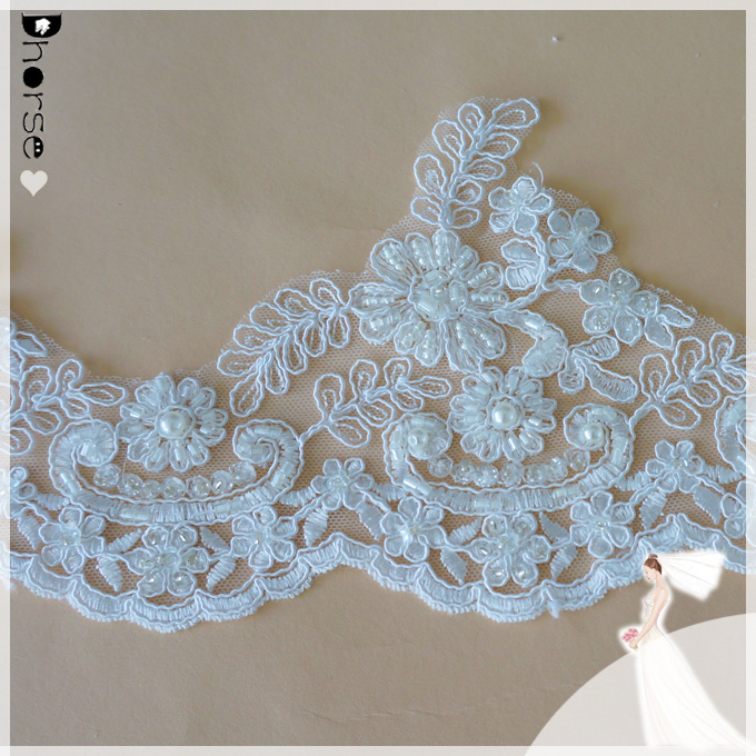 Hand beaded lace fabric/White bridal lace trim wholesale 14cm wide/latest hand embroidery designs-DHBL1696