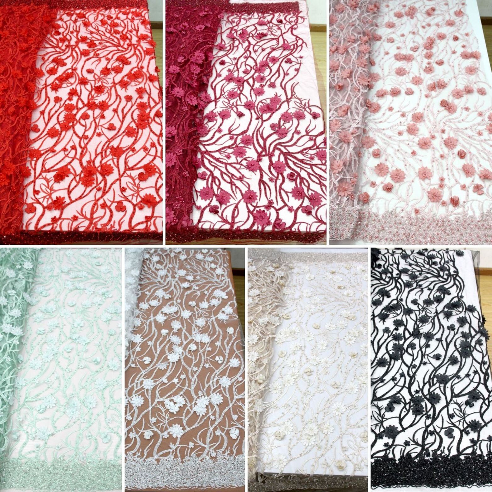 Fashion beige ivory white black green dark red red pink Austrian designs  flower embroidery curtain lace fabric