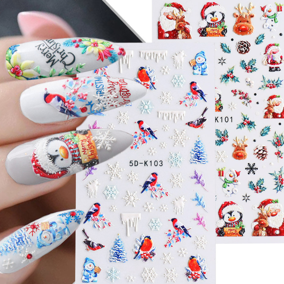 5D Christmas Embossed Nail Art Decals Snowflake Bird Cute Elk Carved Sliders Snowflake Snowman Nails Stickers