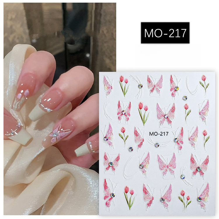 2024 New Tulip Flower Nail Sticker Crystal Diamond Butterfly Relief 3D Pink Purple Nail Sticker