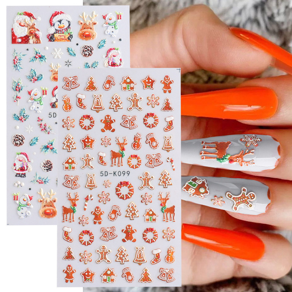 5D Christmas Embossed Nail Art Decals Snowflake Bird Cute Elk Carved Sliders Snowflake Snowman Nails Stickers