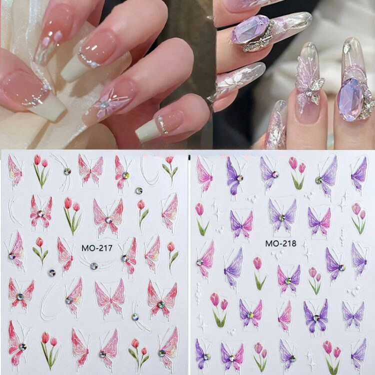 2024 New Tulip Flower Nail Sticker Crystal Diamond Butterfly Relief 3D Pink Purple Nail Sticker