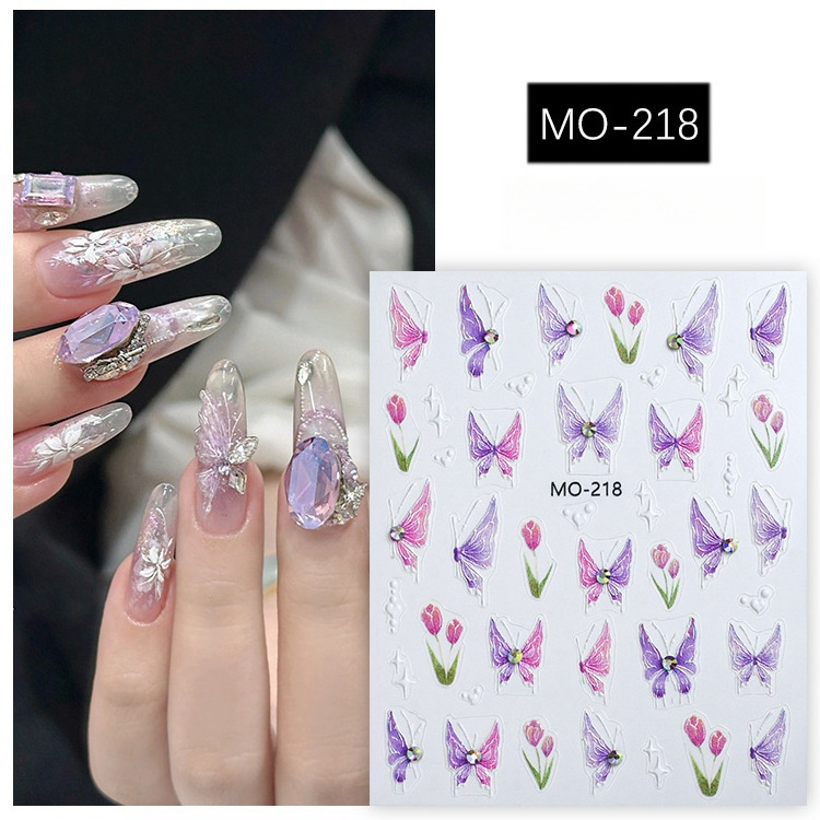 2024 New Tulip Flower Nail Sticker Crystal Diamond Butterfly Relief 3D Pink Purple Nail Sticker