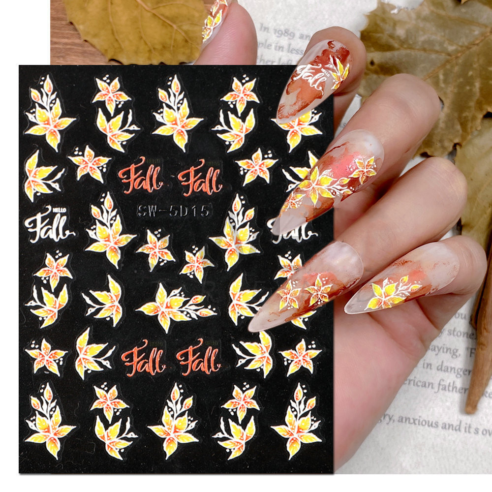 Wholesale 5D Self-Adhesive Autumn Maple Leaf Tulip Small White Flower Nail Stickers Embossed Fall Nail Decals