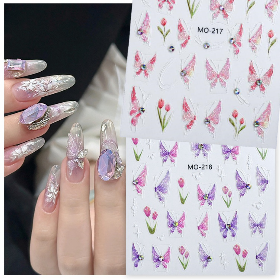 2024 New Tulip Flower Nail Sticker Crystal Diamond Butterfly Relief 3D Pink Purple Nail Sticker