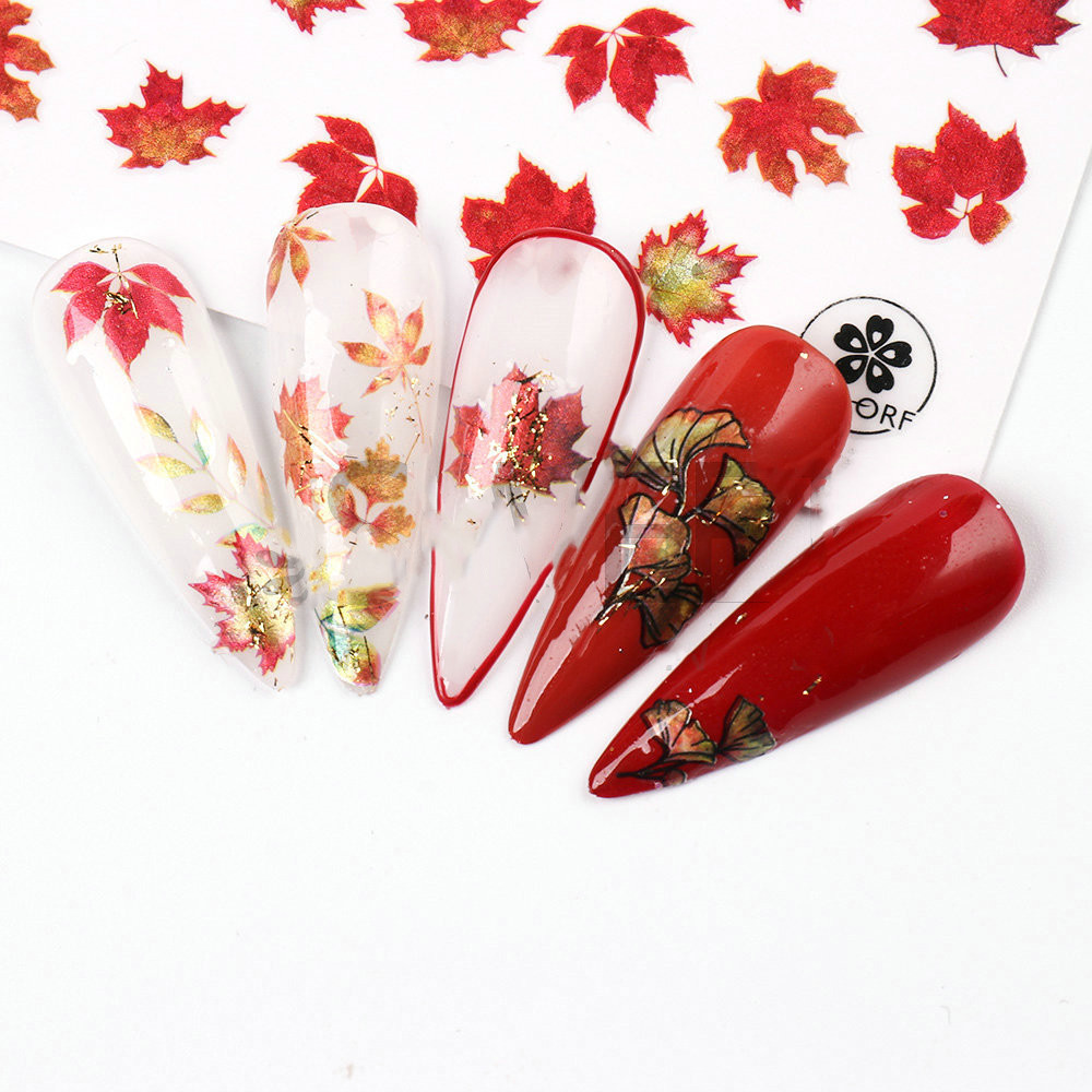 Wholesale Autumn Fall Maple Leaves Nail Decals Decoration Adhesive Thanksgiving Day Laser Nail Art Stickers