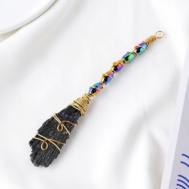 energy stones meditation products Electroplated Blue Feather black tourmaline magnetic broom For healing home decorations