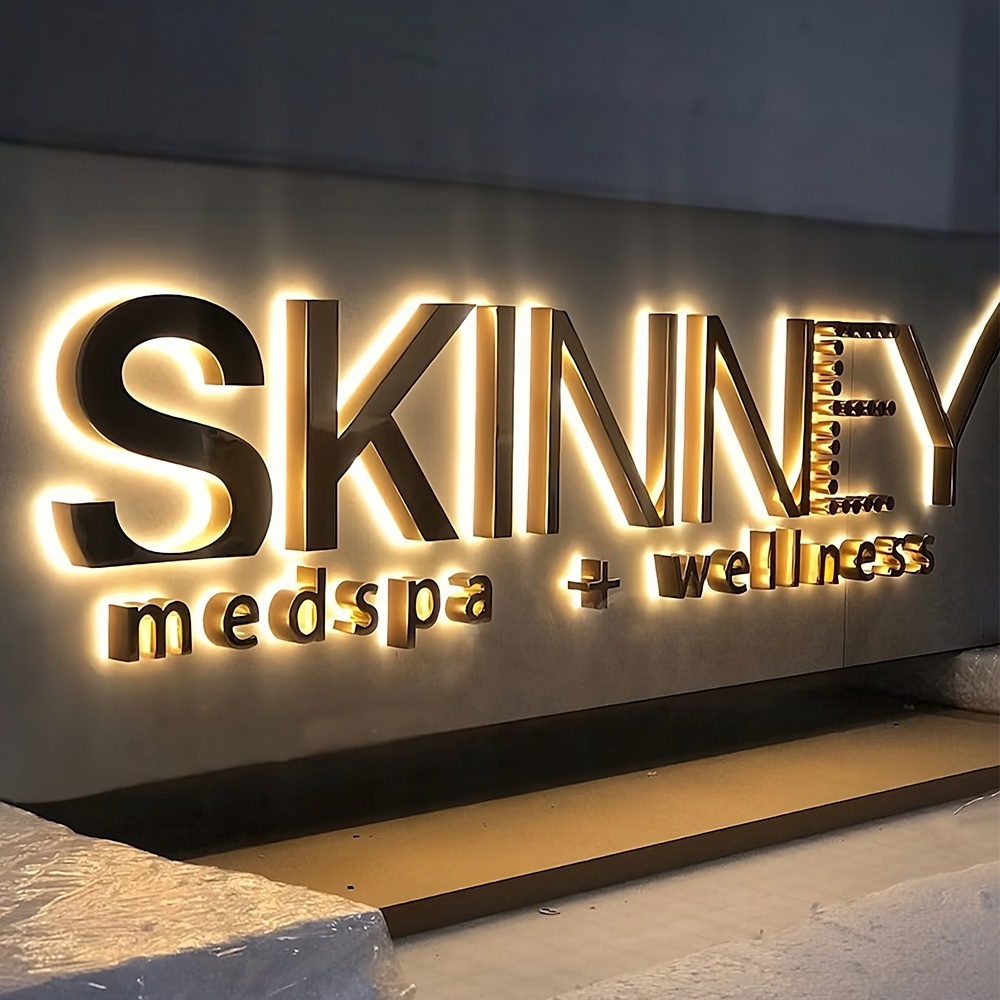 Business Metal wall letters gold 3d stainless steel led illuminated signs custom logo backlit light sign for Company shop wall