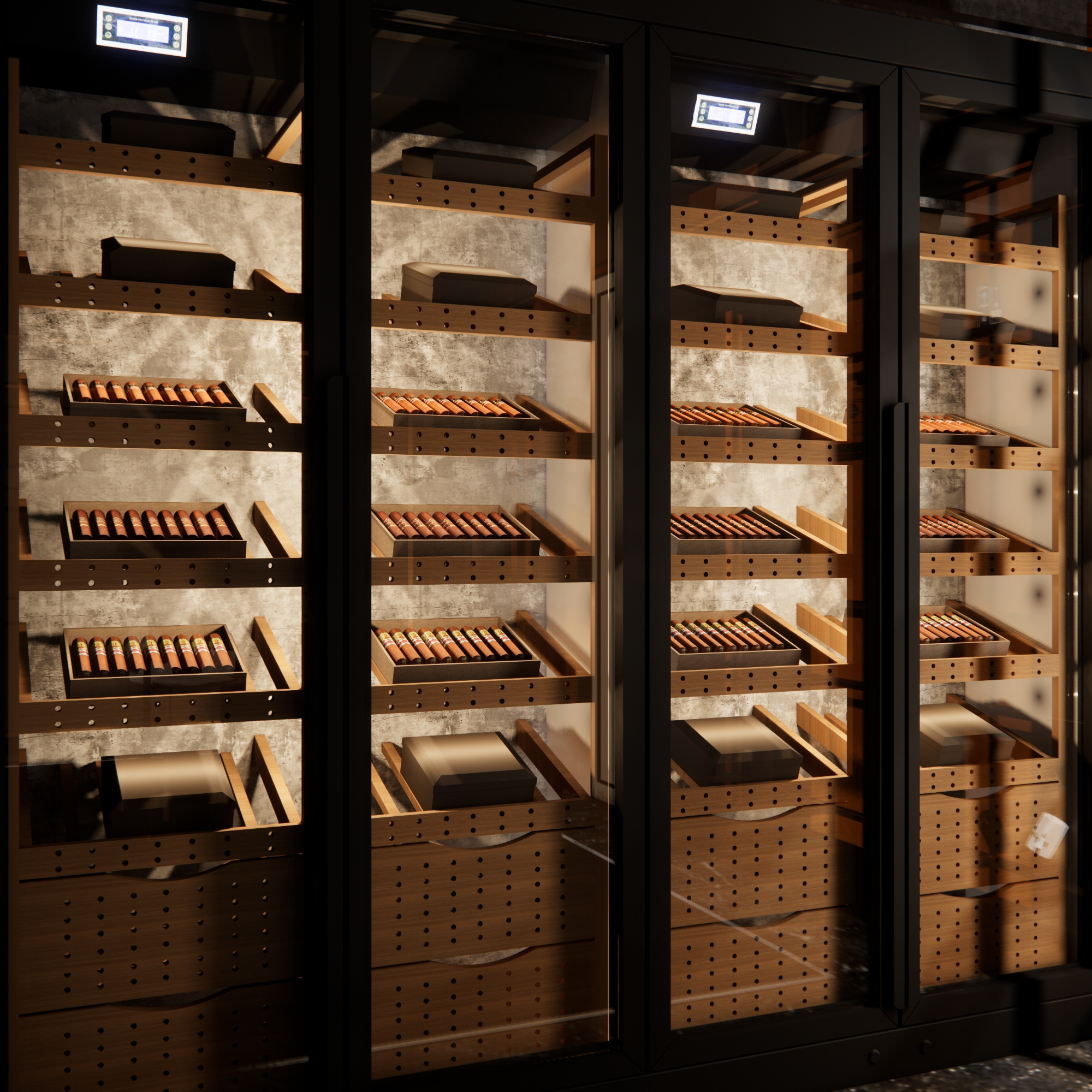 Factory Price Cigar Showroom Cellar Design Modern Cigar Humidor Cabinet Wooden Wine Rack Display Shelves Glass Wall Showcase