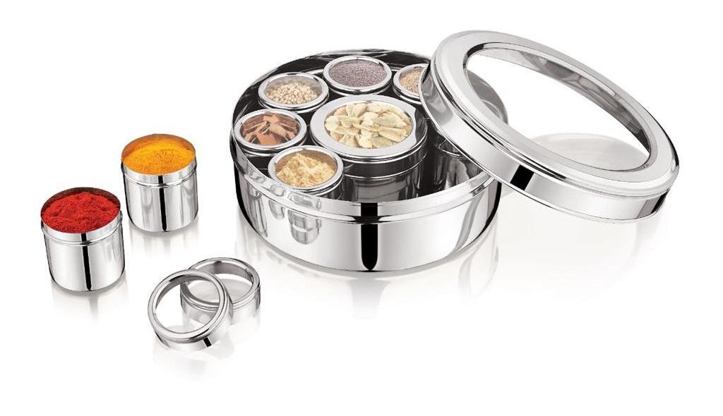 Indian Manufacturer 7 Compartments With Glass Lid Stainless Steel Masala Dabba Spice Box from Dheer brand