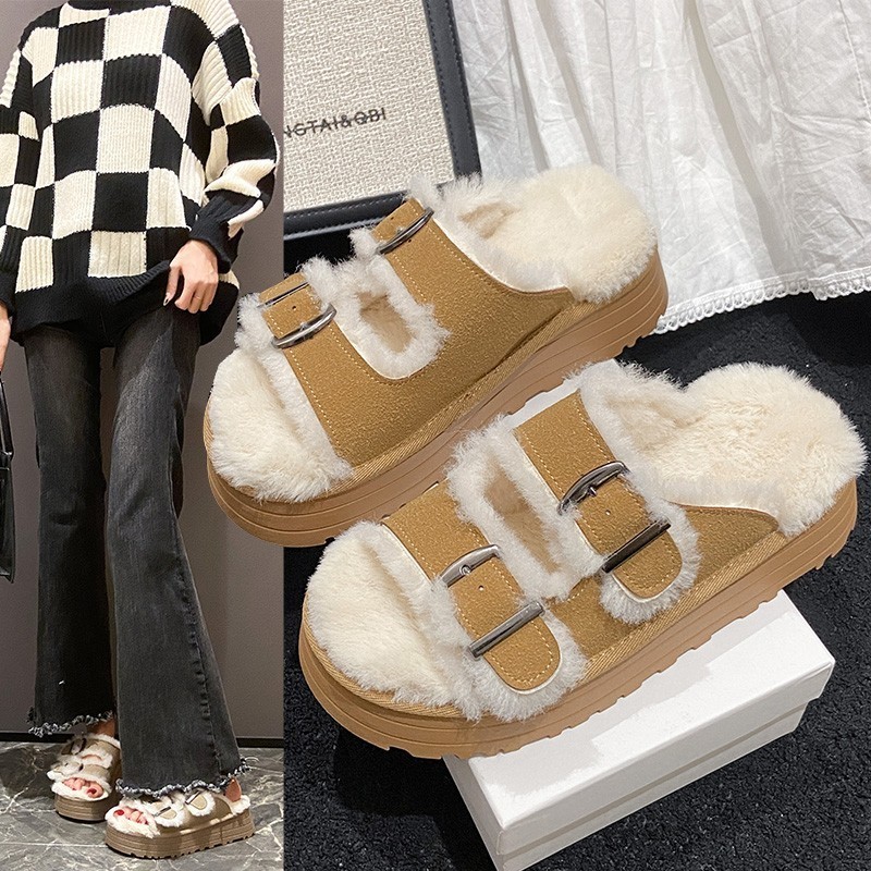 Boken thick bottom furry slippers female external wear new fall and winter morning robe plush drag heightening women's shoes