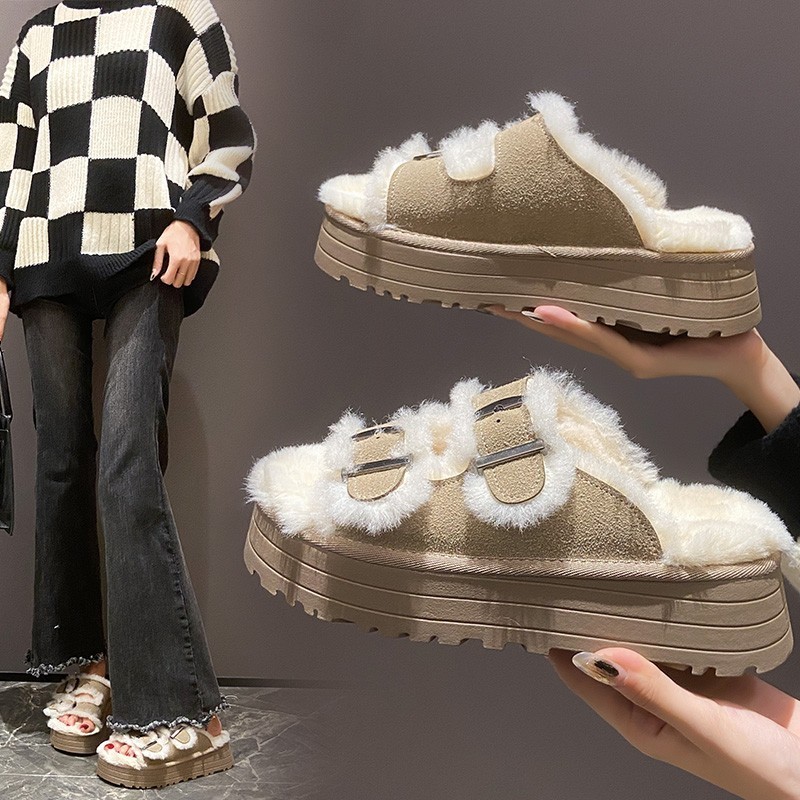 Boken thick bottom furry slippers female external wear new fall and winter morning robe plush drag heightening women's shoes