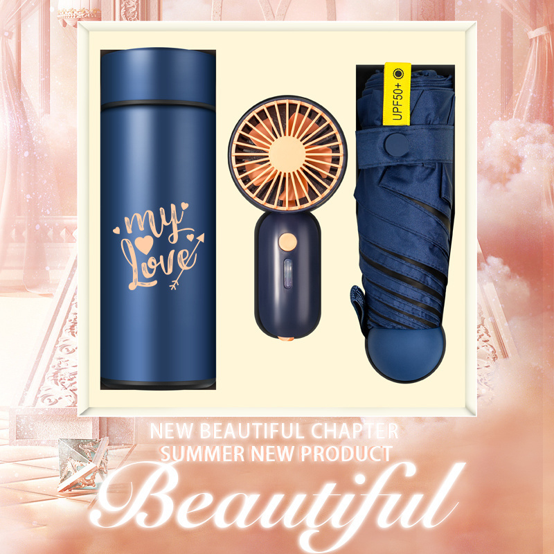 New product ideas latest luxury business gift with Vacuum cup / Mini fan / umbrella / promotional  corporate gift sets for women